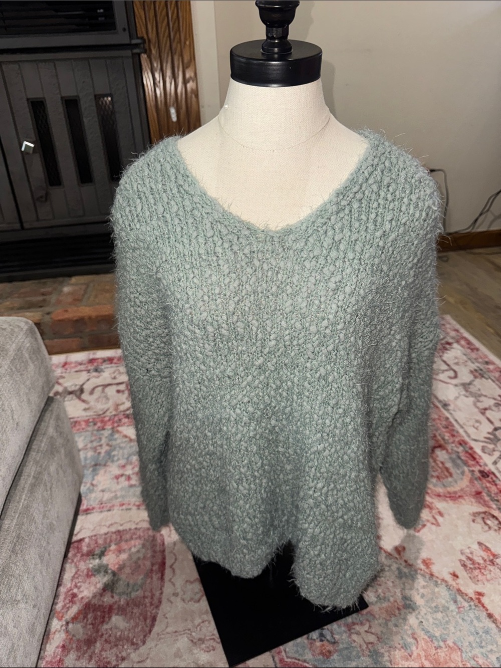 Altar'd State Sage Green V-Neck Textured Knit Sweater